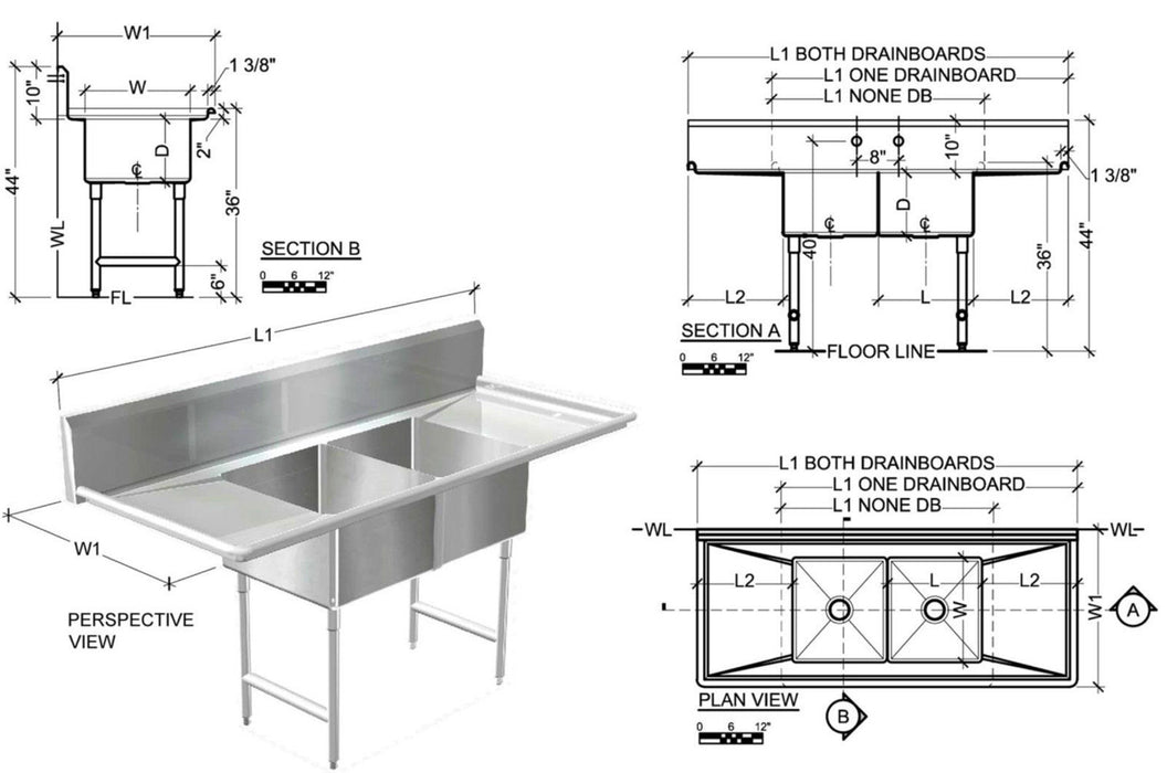 Stainless Steel 16 Ga. Commercial Compartment Sink 72" - Best Sheet Metal, Inc. 