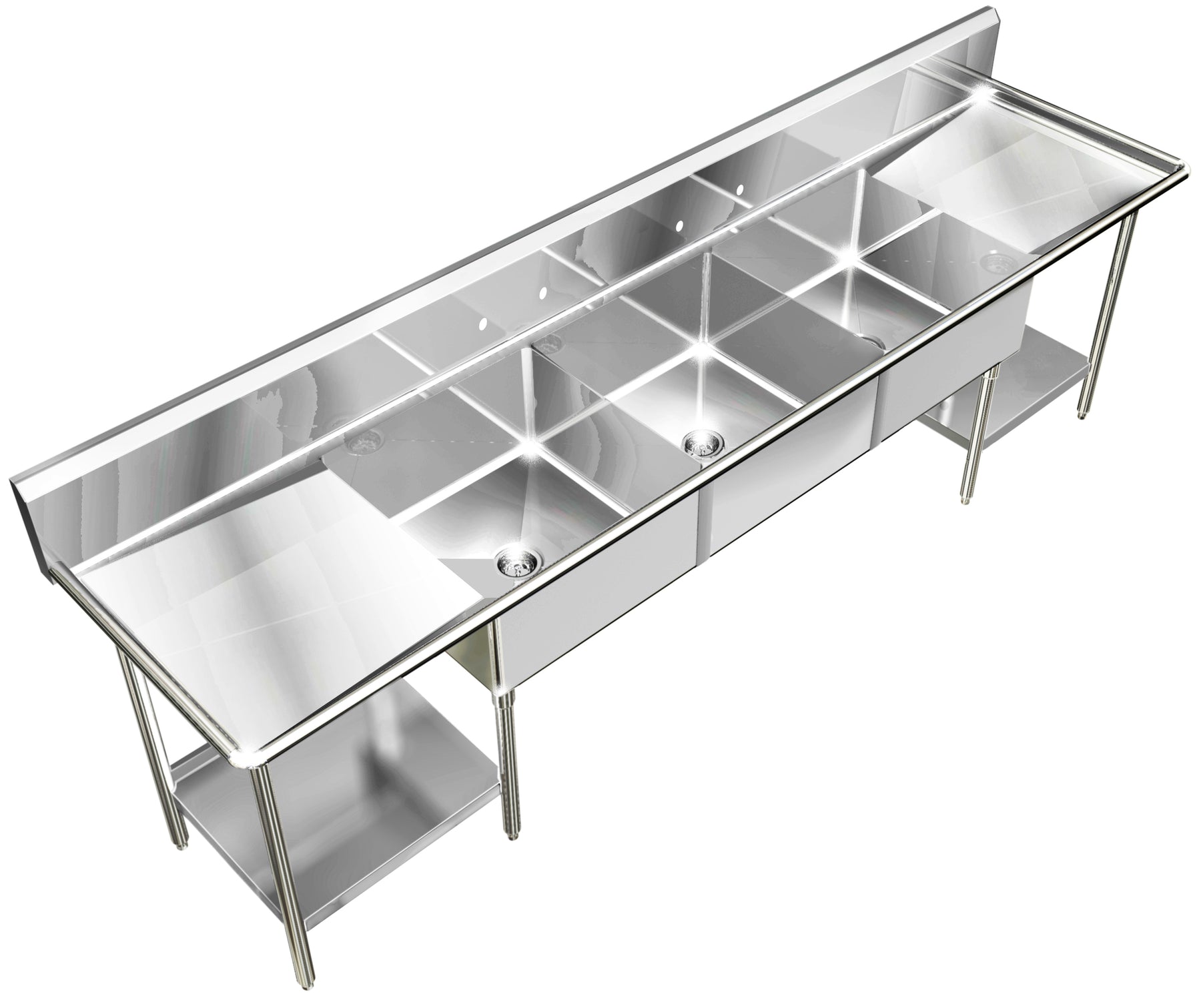 H.D. 14GA 3 Compartment Restaurant Commercial Sink | 120303XXL8 - Left & Right Under Shelve