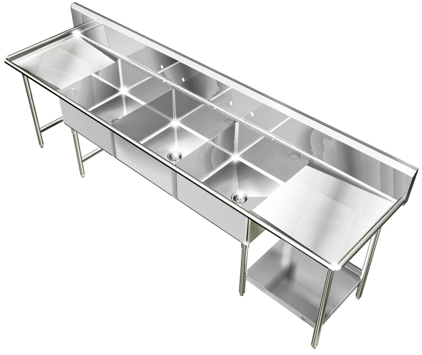 H.D. 14GA 3 Compartment Restaurant Commercial Sink | 120303XXL8 - Right Under Shelve