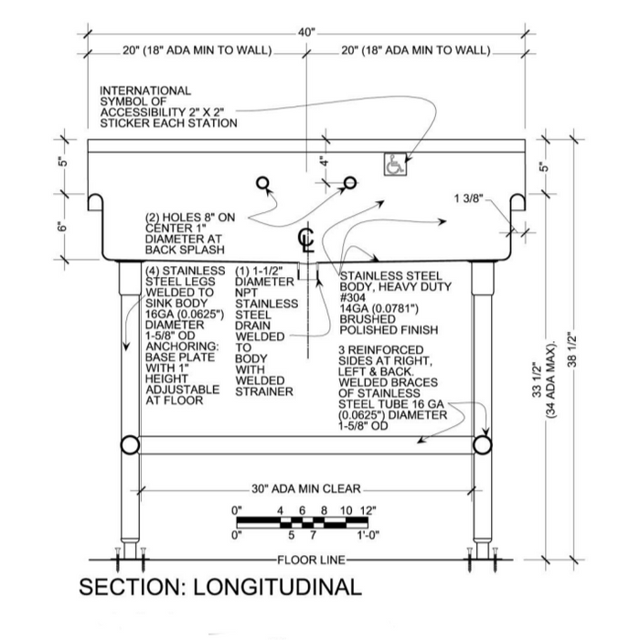 H.D. 14GA ADA Compliant Multi-Station Wash up Sink, 40" | ADA-210S402065H-8OC