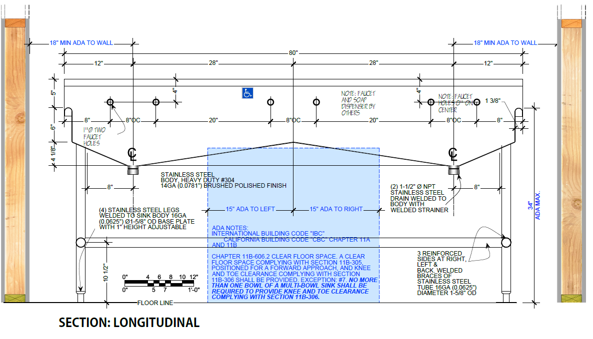 H.D. 14GA Multi-Station Wash up Sink, 80" Sloped Drain | ADA-330S802065HP