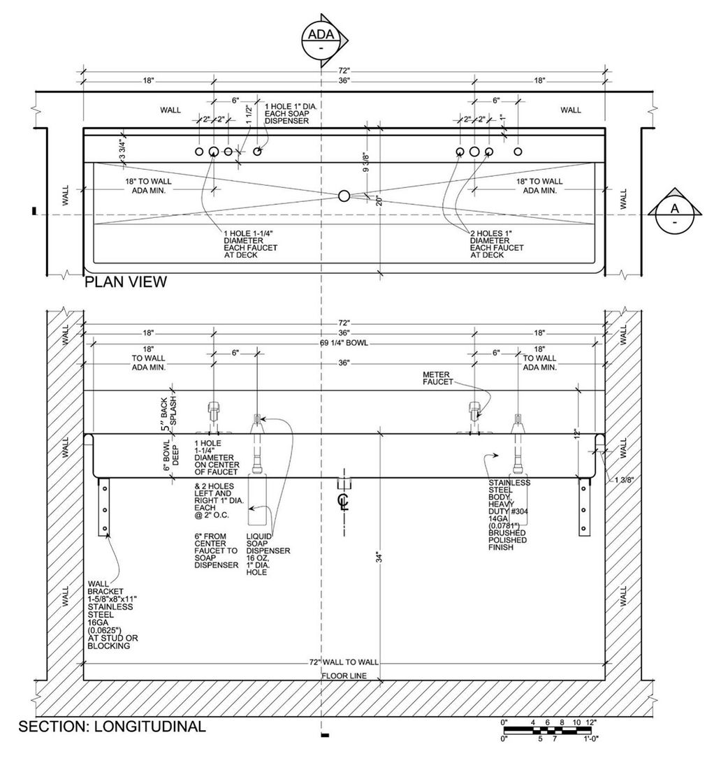 H.D. 14GA MultiStation Wash up Sink, 72" ADAD22M72206B commercial
