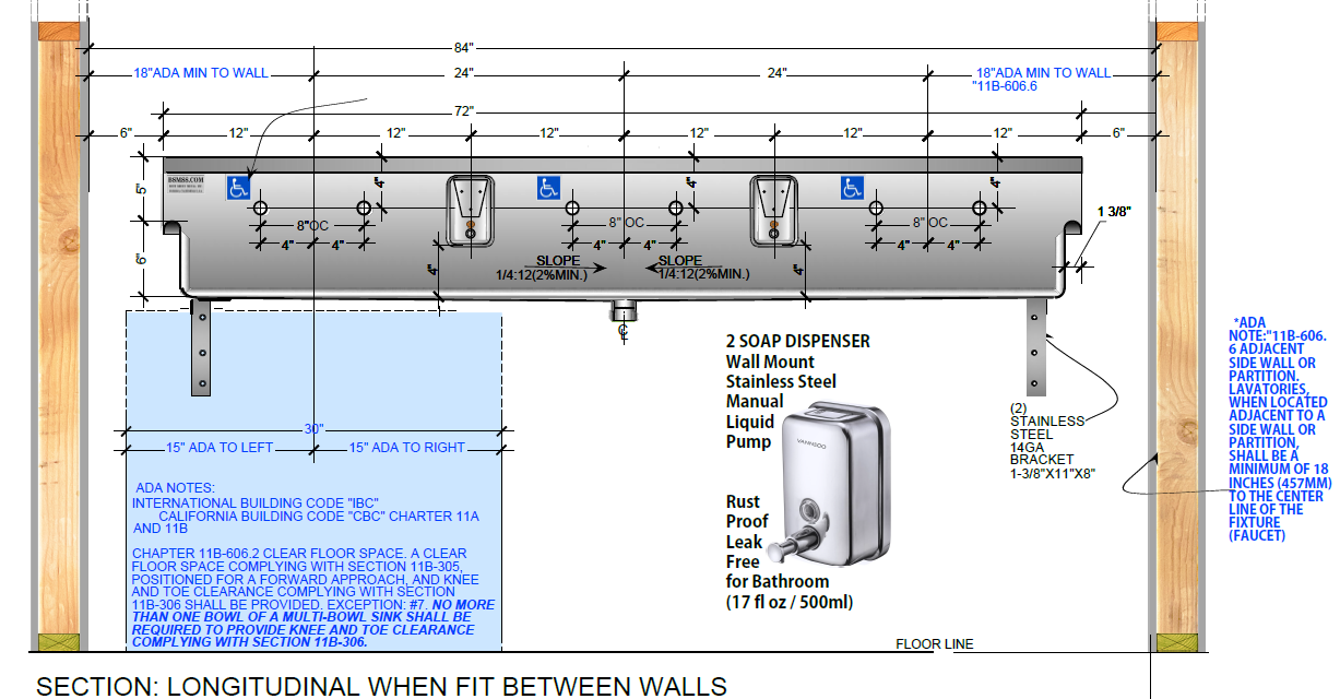 H.D. 14GA Multi-Station Wash up Sink with Chicago Manual Faucets, 72" | ADA-032M722065B