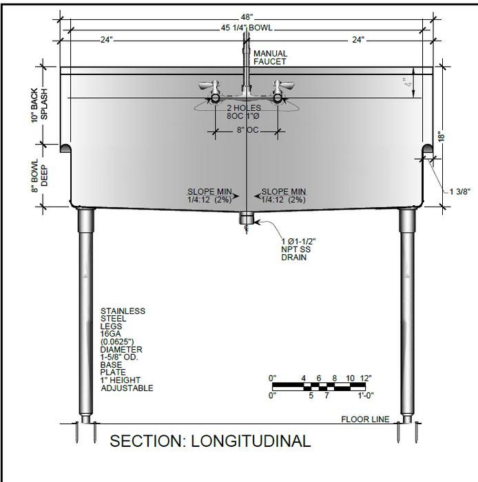 H.D. 14 GA Single-station Wash up Sink, 48" | 010M48208L