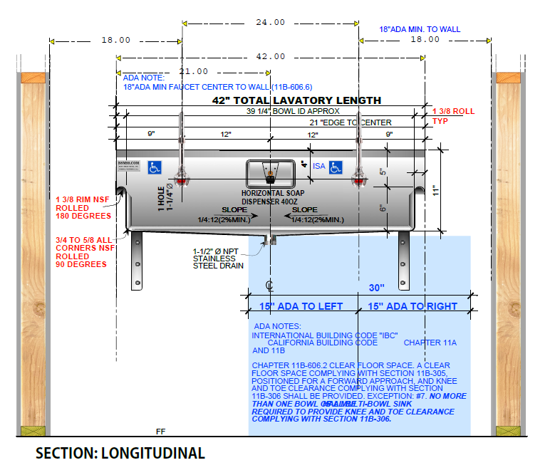 H.D. 14GA Multi-Station Wash up Sink, 42" | ADA-021E422065B