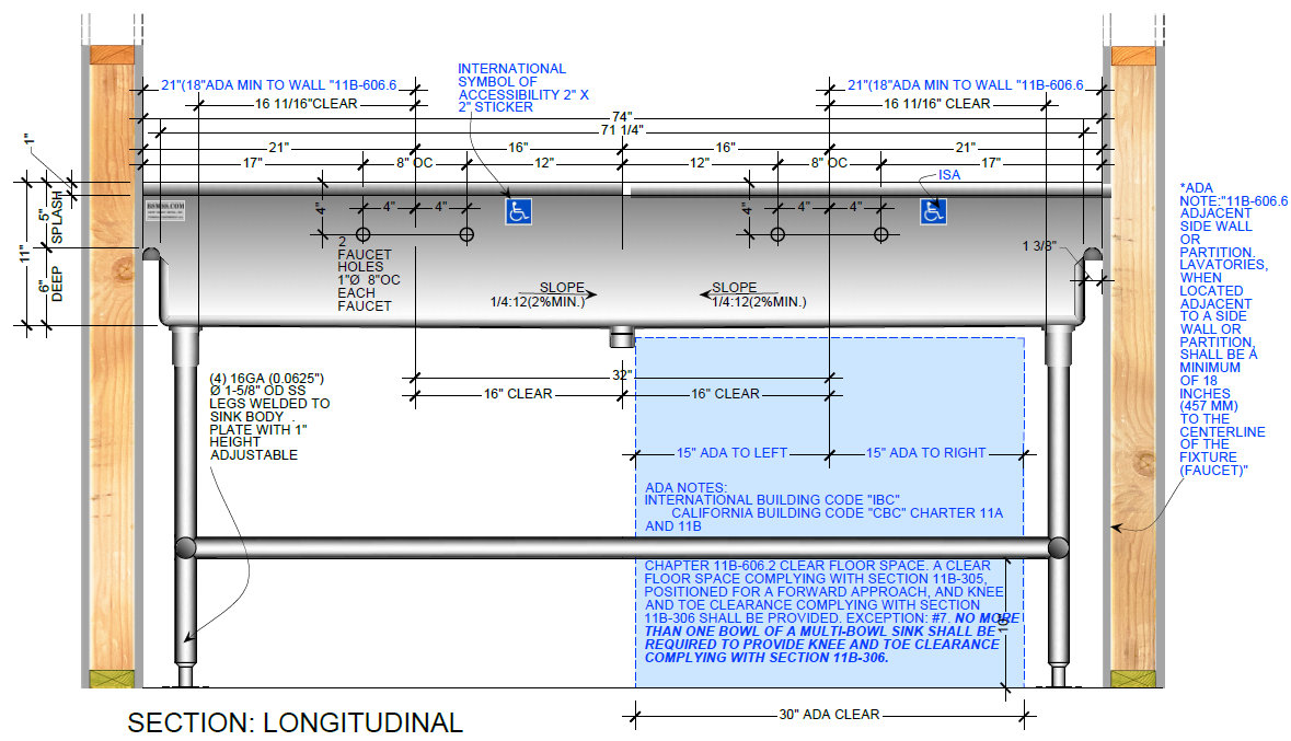 H.D. 14GA Multi-Station Wash up Sink, 74" | ADA-221M742065H-8OC