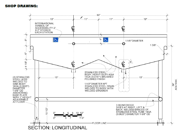 H.D. 14GA Multi-Station Wash up Sink 60" Sloped Drain | ADA-120E60S2065HP