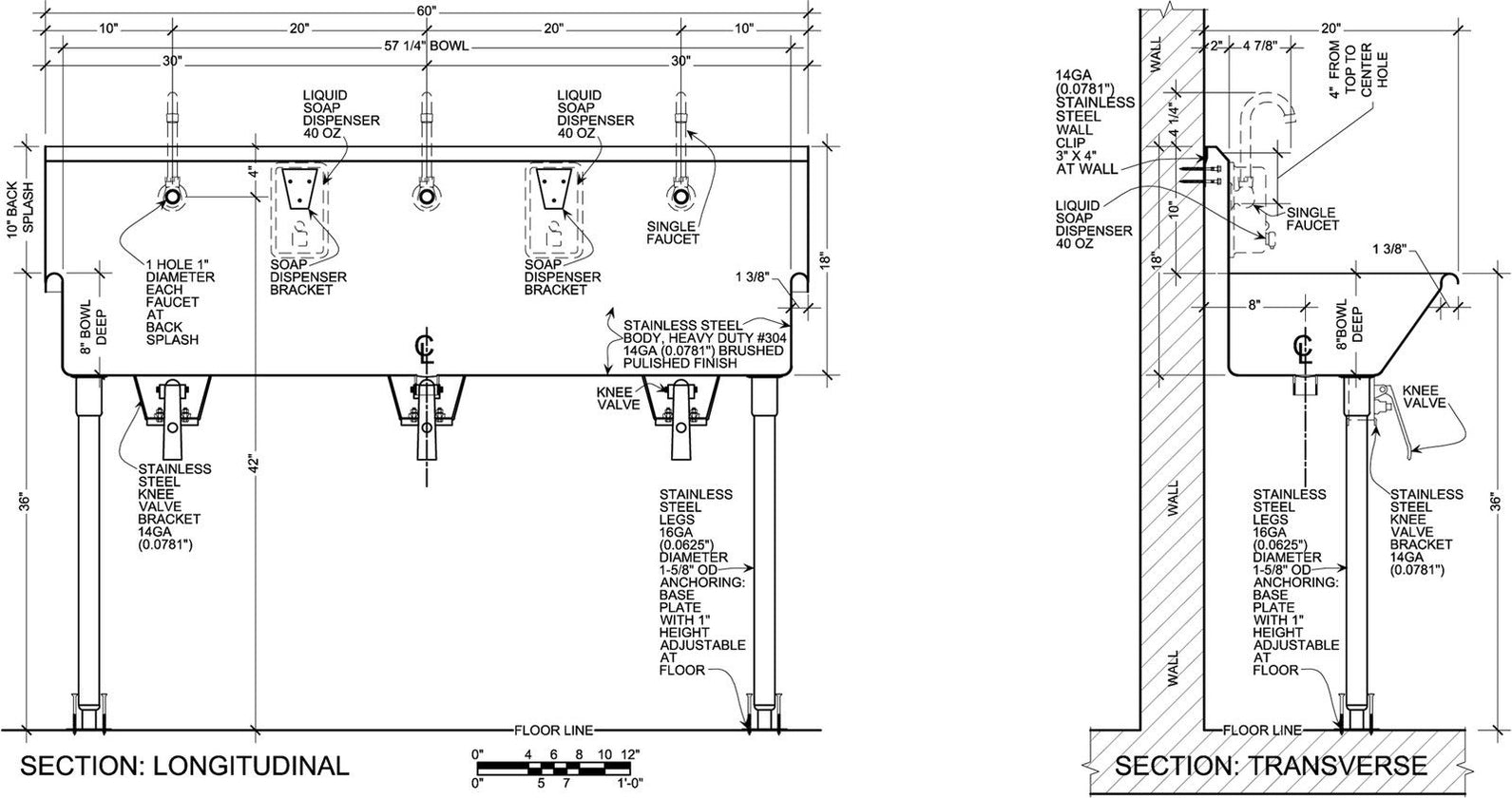 H.D. 14 GA Multi-Station Wash up Sinks, 60