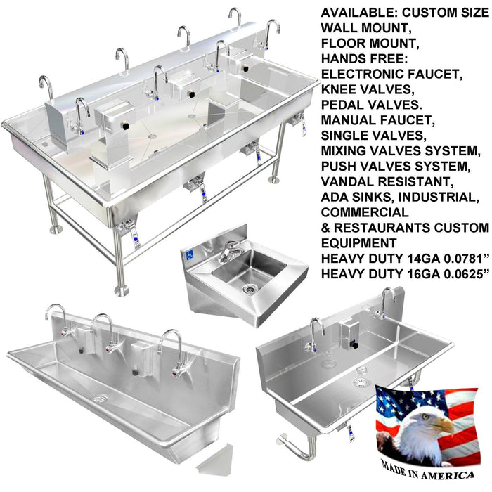MULTI USER 4 STATION HAND WASH SINK 84" WITH KNEE VALVES 4 LEGS MADE IN AMERICA - Best Sheet Metal, Inc. 