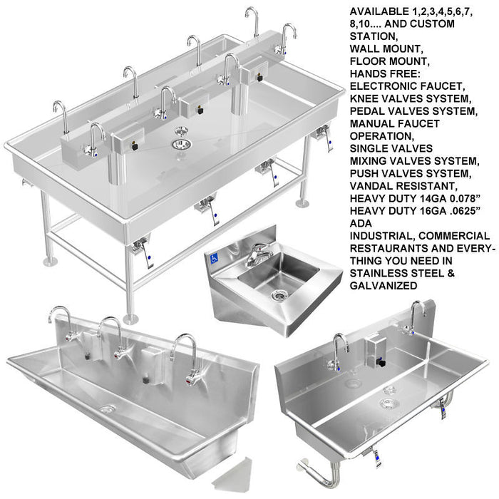 Stainless Steel Multi-Station Wash up Sink, 40" Knee Valves, Straight Legs | 021K40208L - Best Sheet Metal, Inc. 
