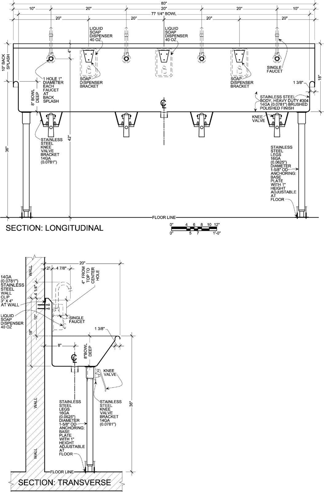 H.D. 14 GA Multi-Station Wash up Sinks, 80