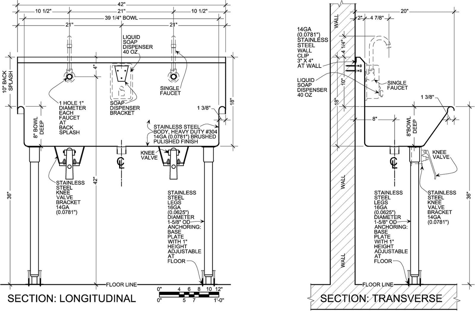 H.D. 14 GA Multi-Station Wash up Sinks, 42