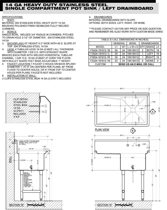 POT SINK HEAVY DUTY STAINLESS STEEL 14GA 1 TUB 39X24 NSF LEFT DRAINBOARD ONLY - Best Sheet Metal, Inc. 