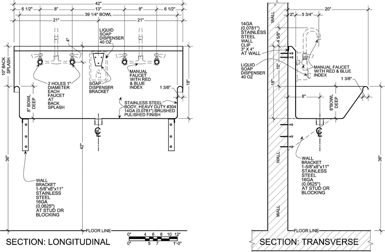 H.D. 14 GA Multi-Station Wash up Sink, 42