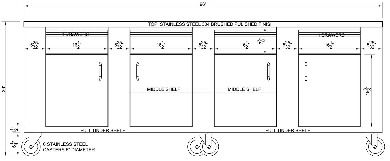 STAINLESS STEEL PREPARATION ISLAND TABLE 30"X96" 4 DRAWERS, 4 DOORS & SHELVES - Best Sheet Metal, Inc. 