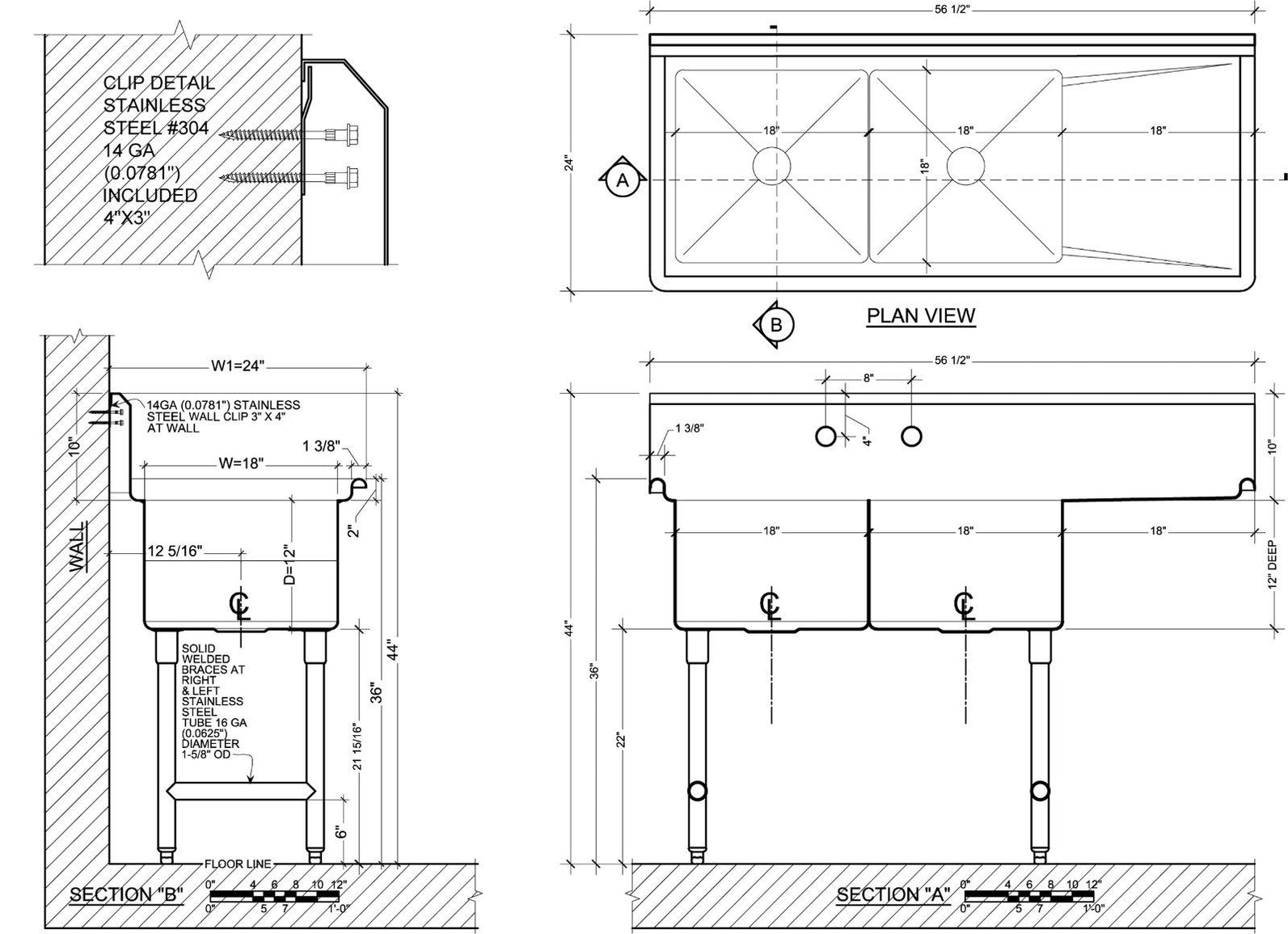 H.D. 14 GA 2 Compartment Restaurant Commercial Sink with Drain Board 56 ...
