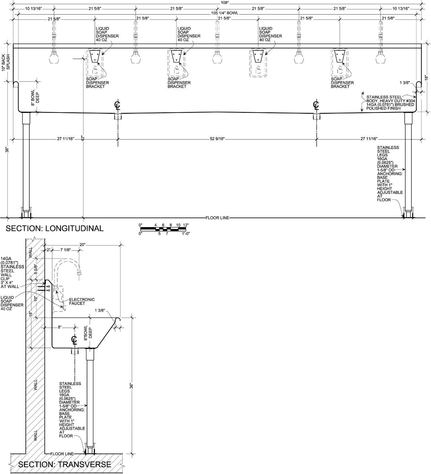 H.D. 14GA Multi-Station Wash up Sink, 108