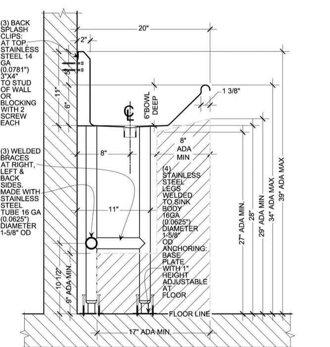 H.D. 14GA ADA Compliant Multi-Station Wash up Sink, 40" | ADA-210S402065H-8OC