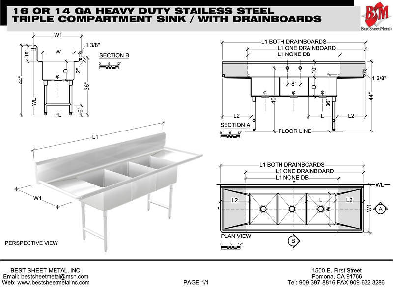 Stainless Steel 3 compartment sink, 90-1/2", 18 x 18 x 12 Bowls 14 Gauge | S9024-181812-3B-14 - Best Sheet Metal, Inc. 